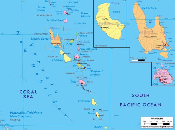 Большая политическая и административная карта Вануату с дорогами, городами и аэропортами