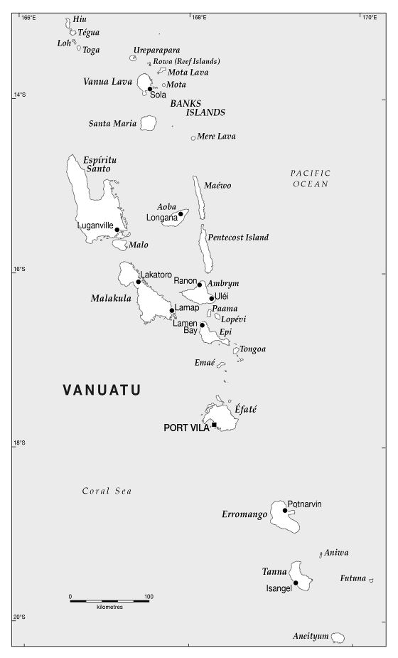 Большая политическая карта Вануату с названиями городов и островов