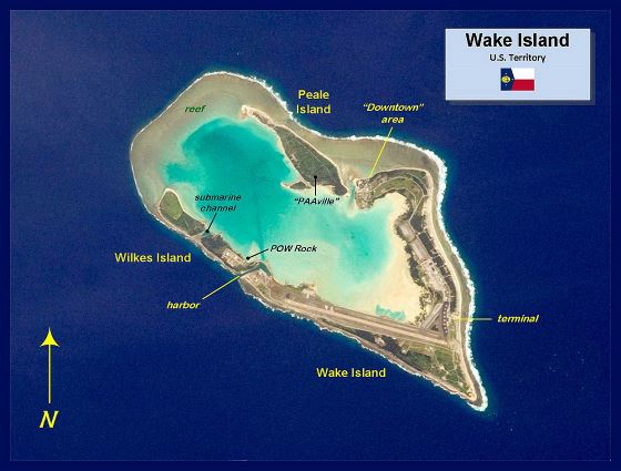 Детальная фото-карта НАСА атолла Уэйк с пометками