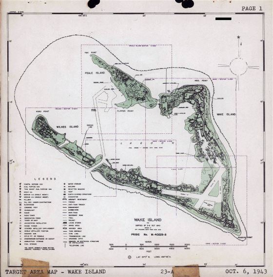 Большая подробная топографическая карта острова Уэйк - 6 октября 1943