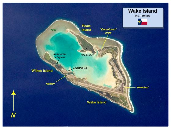 Большая детальная фото-карта НАСА острова Уэйк с пометками