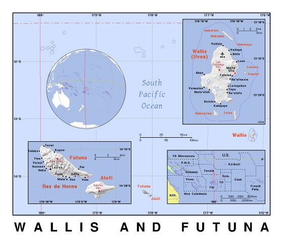 Детальная политическая карта Уоллиса и Футуны с рельефом