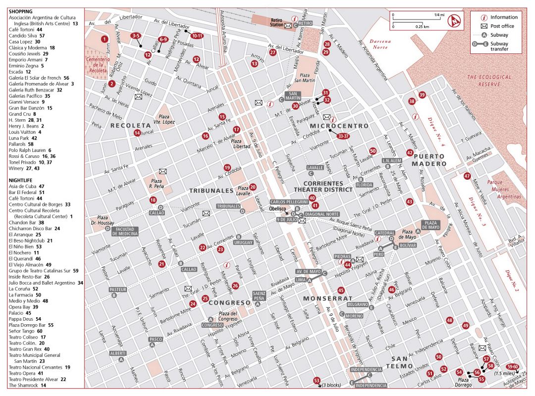 Детальная карта магазинов и ночной жизни города Буэнос-Айреса
