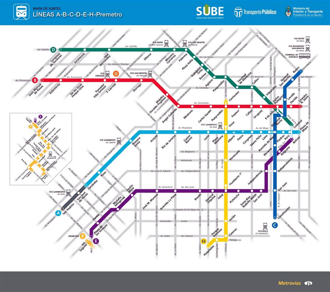 Большая карта метро города Буэнос-Айреса