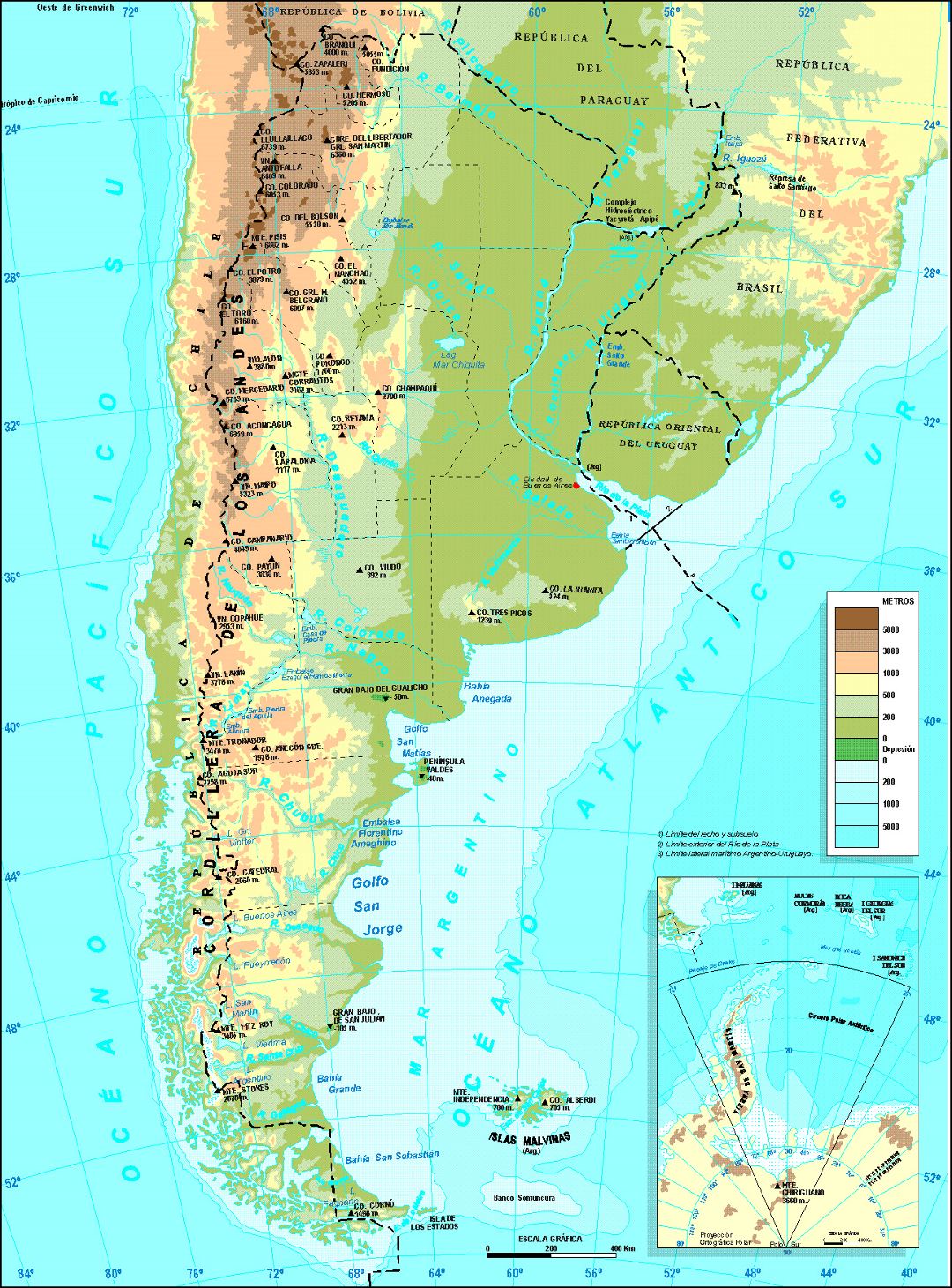 Детальная физическая карта Аргентины