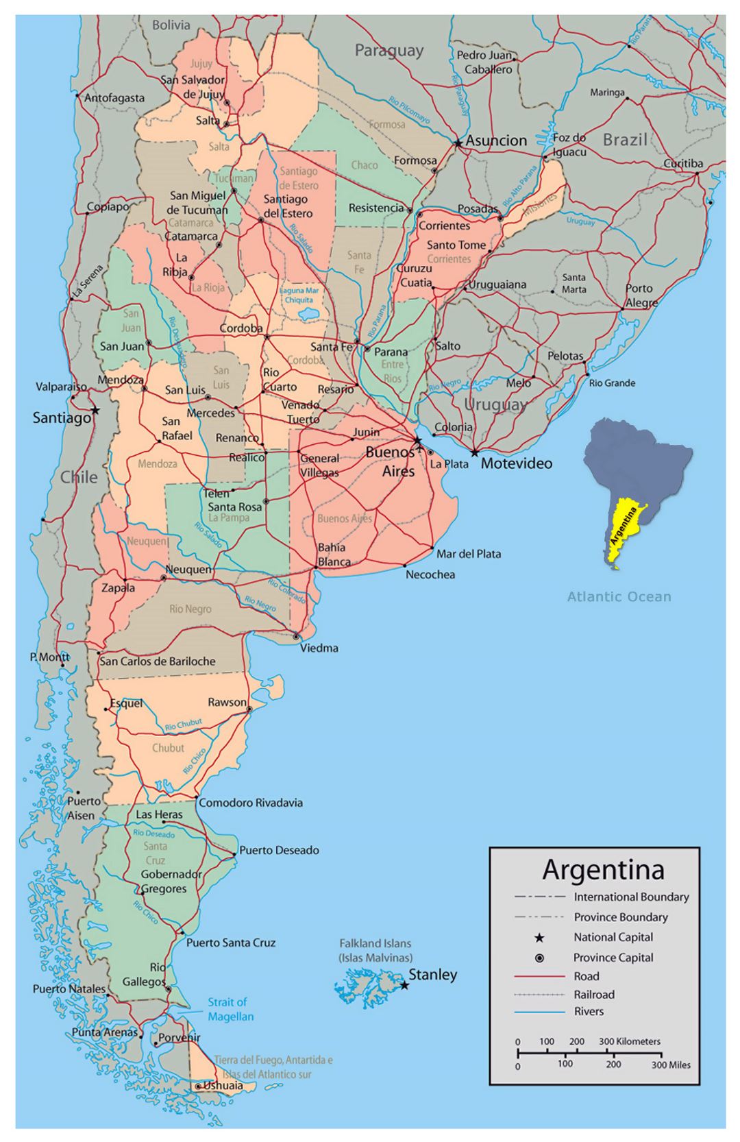 Подробная политическая и административная карта Аргентины с основными дорогами и крупными городами
