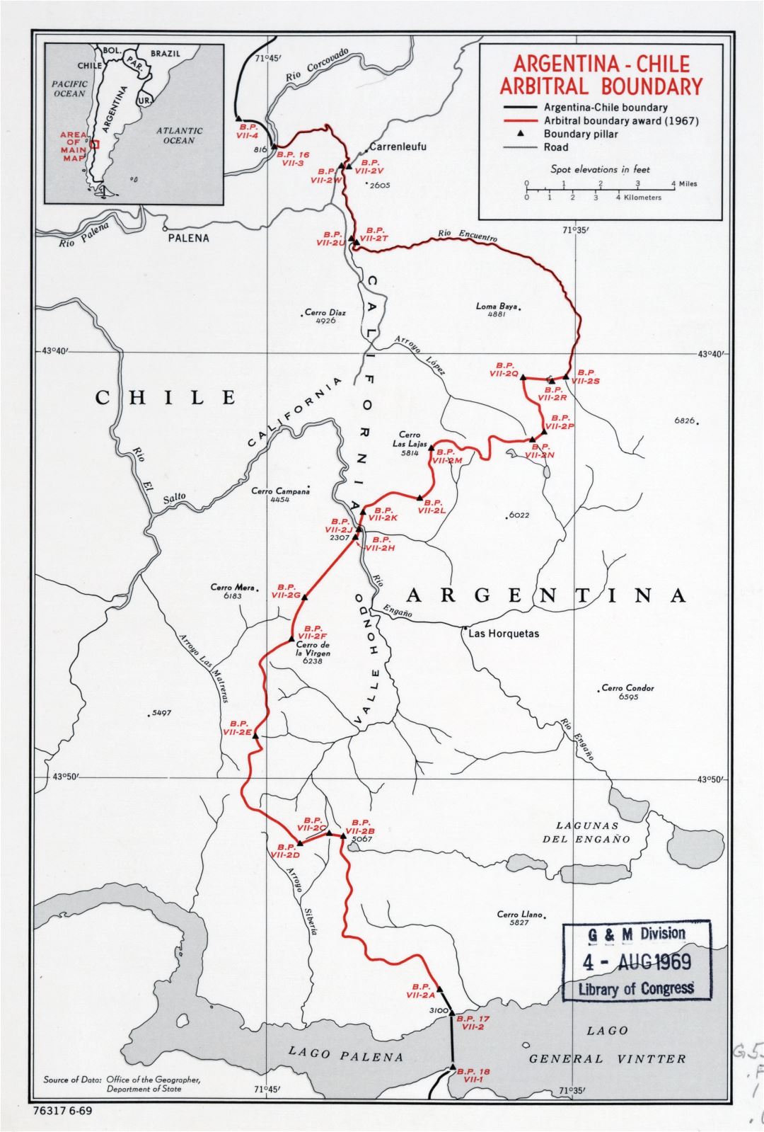 Большая детальная карта арбитражных границ Аргентины-Чили - 1969