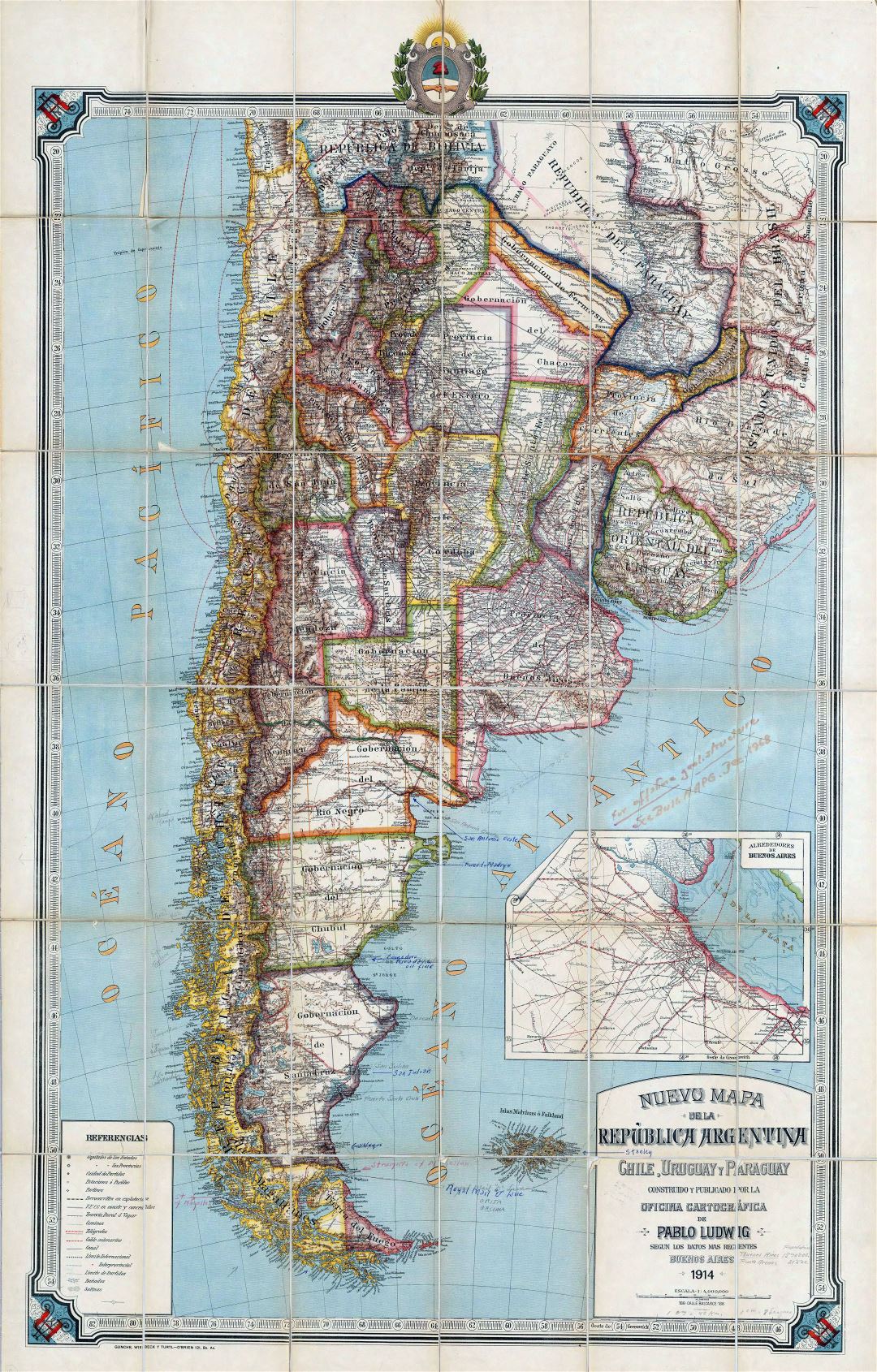Большая детальная старая политическая карта Республики Аргентины, Чили, Уругвая и Парагвая с рельефом - 1914