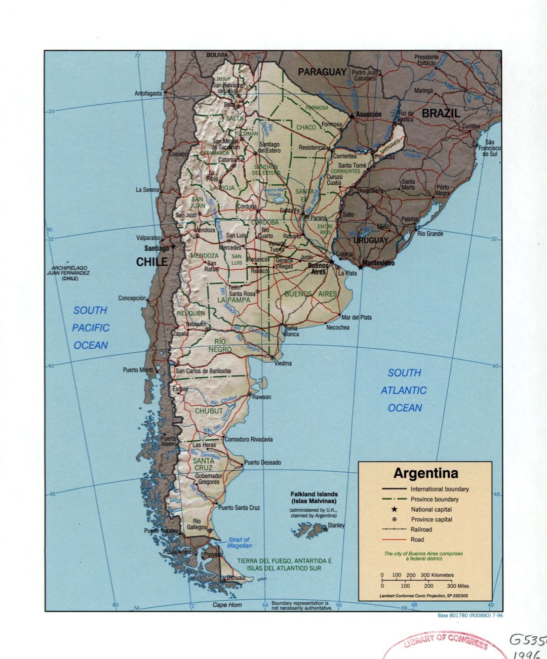 Большая подробная политическая и административная карта Аргентины с рельефом, дорогами, железными дорогами, городами и крупными городами - 1996