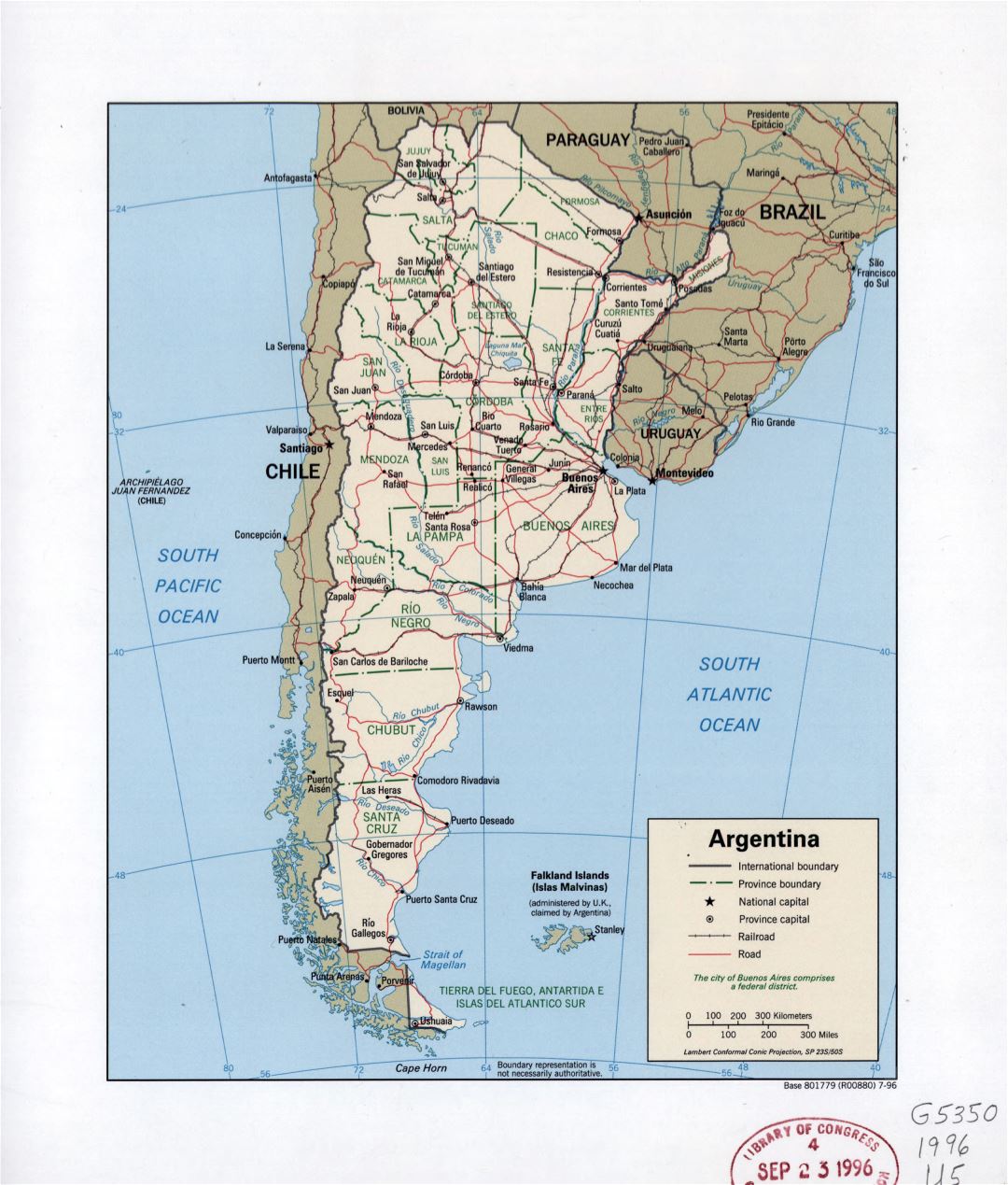Большая детальная политическая и административная карта Аргентины с дорогами, железными дорогами, городами и крупными городами - 1996