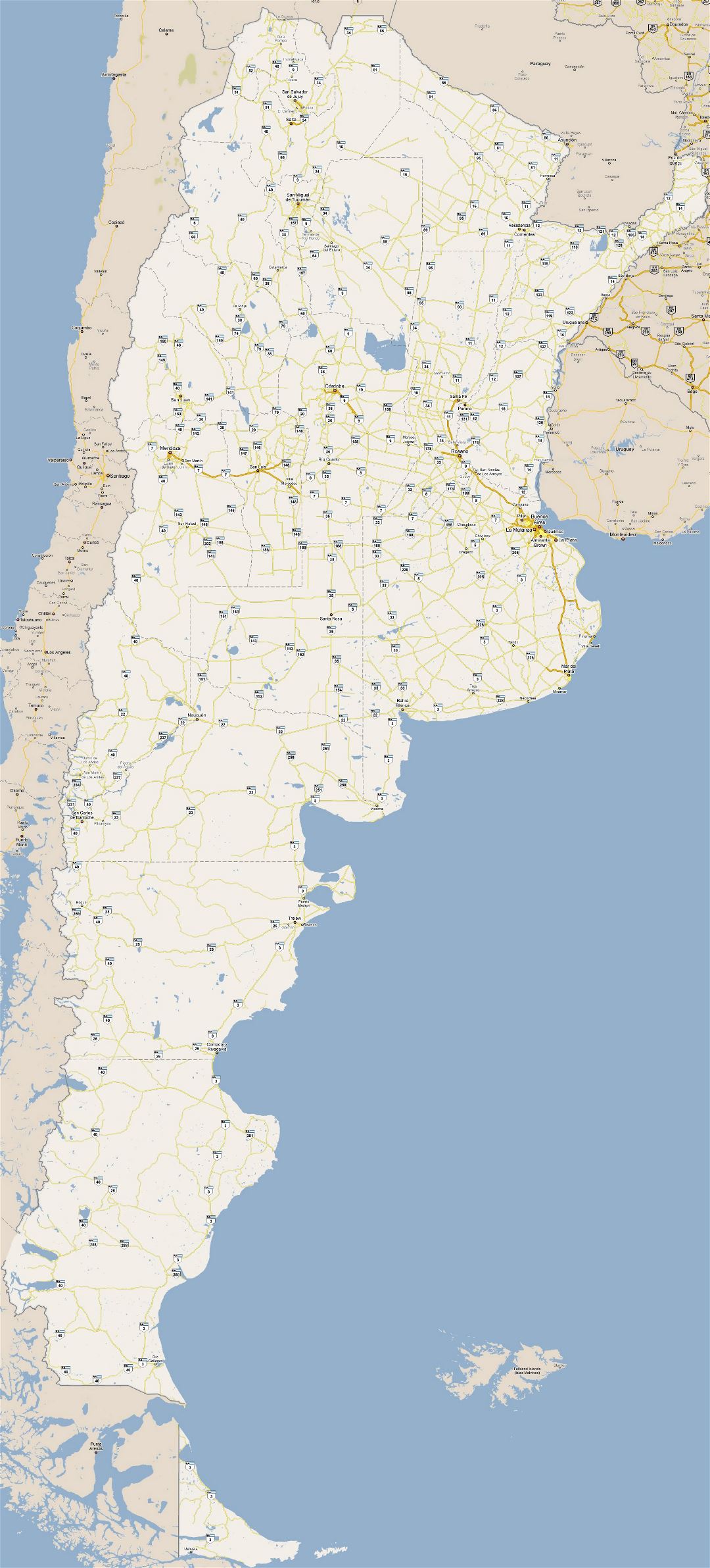 Большая детальная карта дорог Аргентины с городами