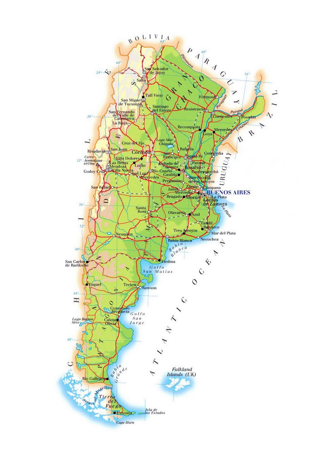 Большая карта высот Аргентины с дорогами, городами и аэропортами