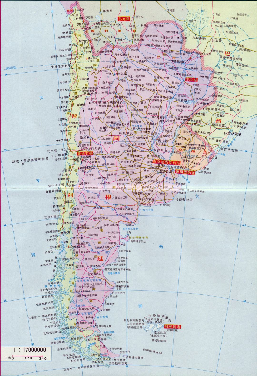 Большая карта Аргентины на китайском языке
