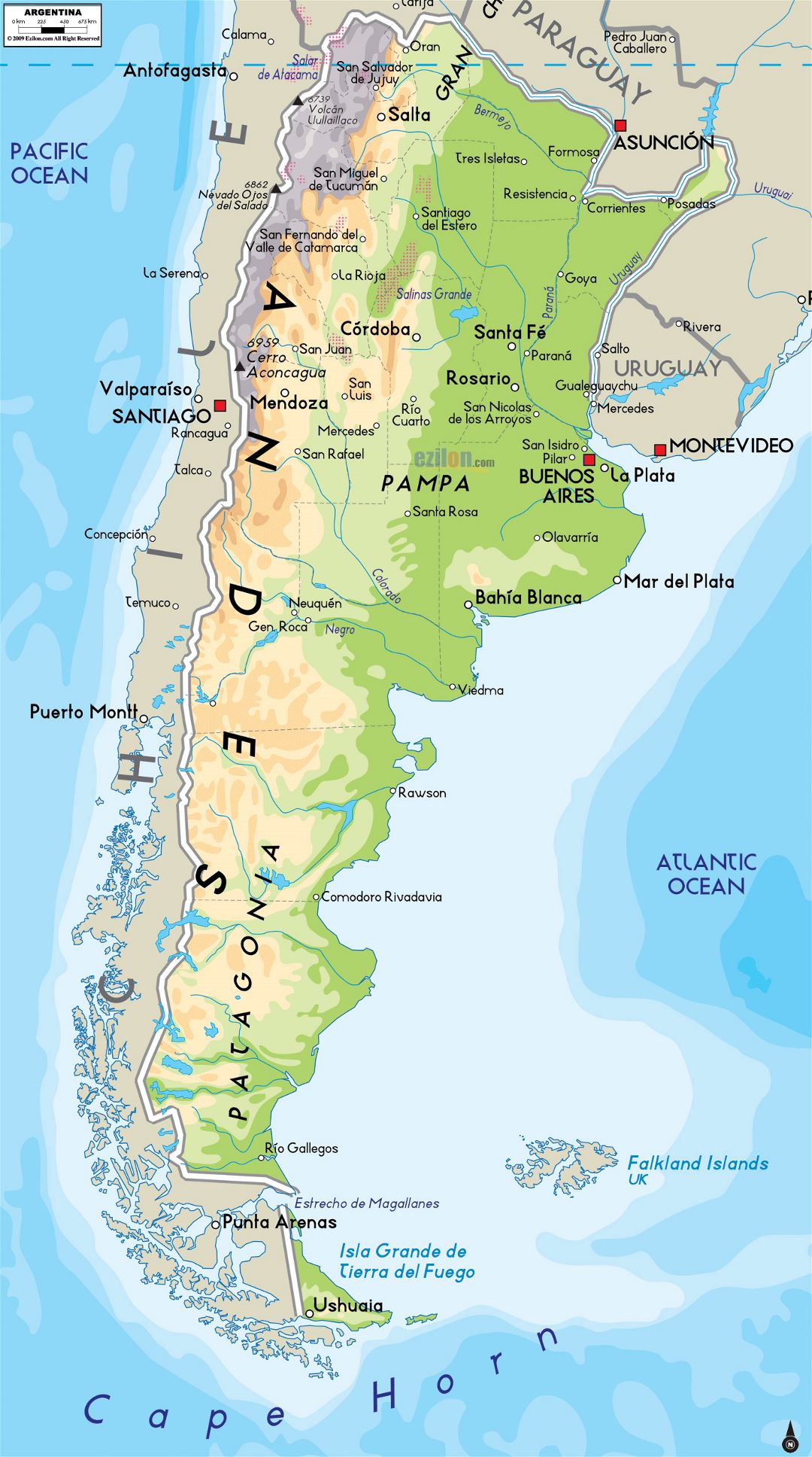 Большая физическая карта Аргентины с крупными городами