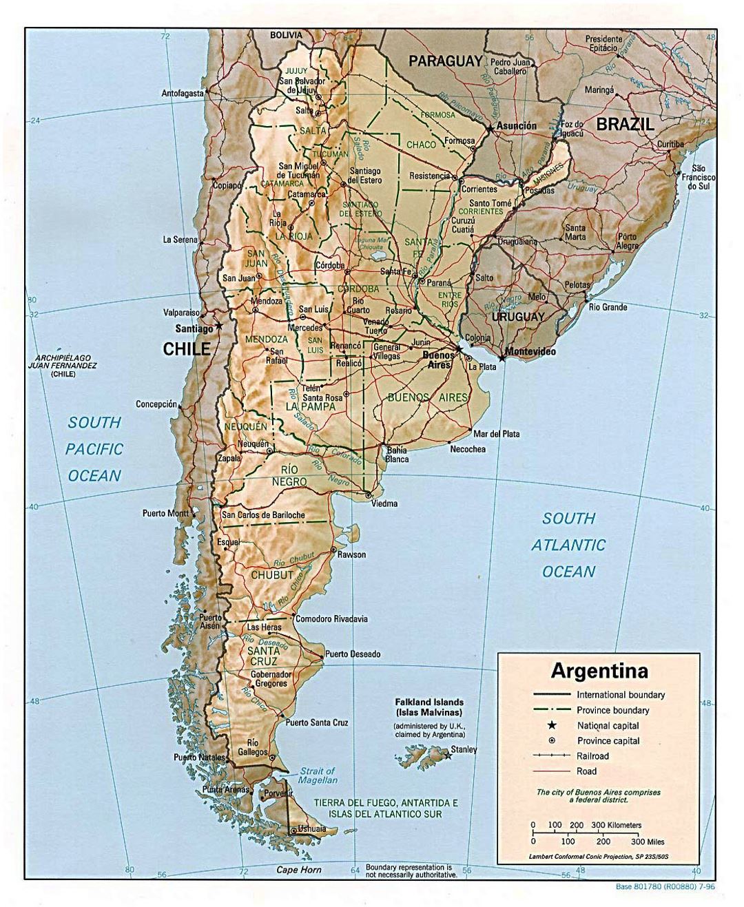 Большая политическая и административная карта Аргентины с рельефом, дорогами и крупными городами - 1996