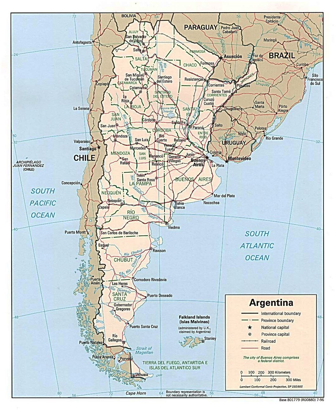 Большая политическая и административная карта Аргентины с дорогами и крупными городами - 1996