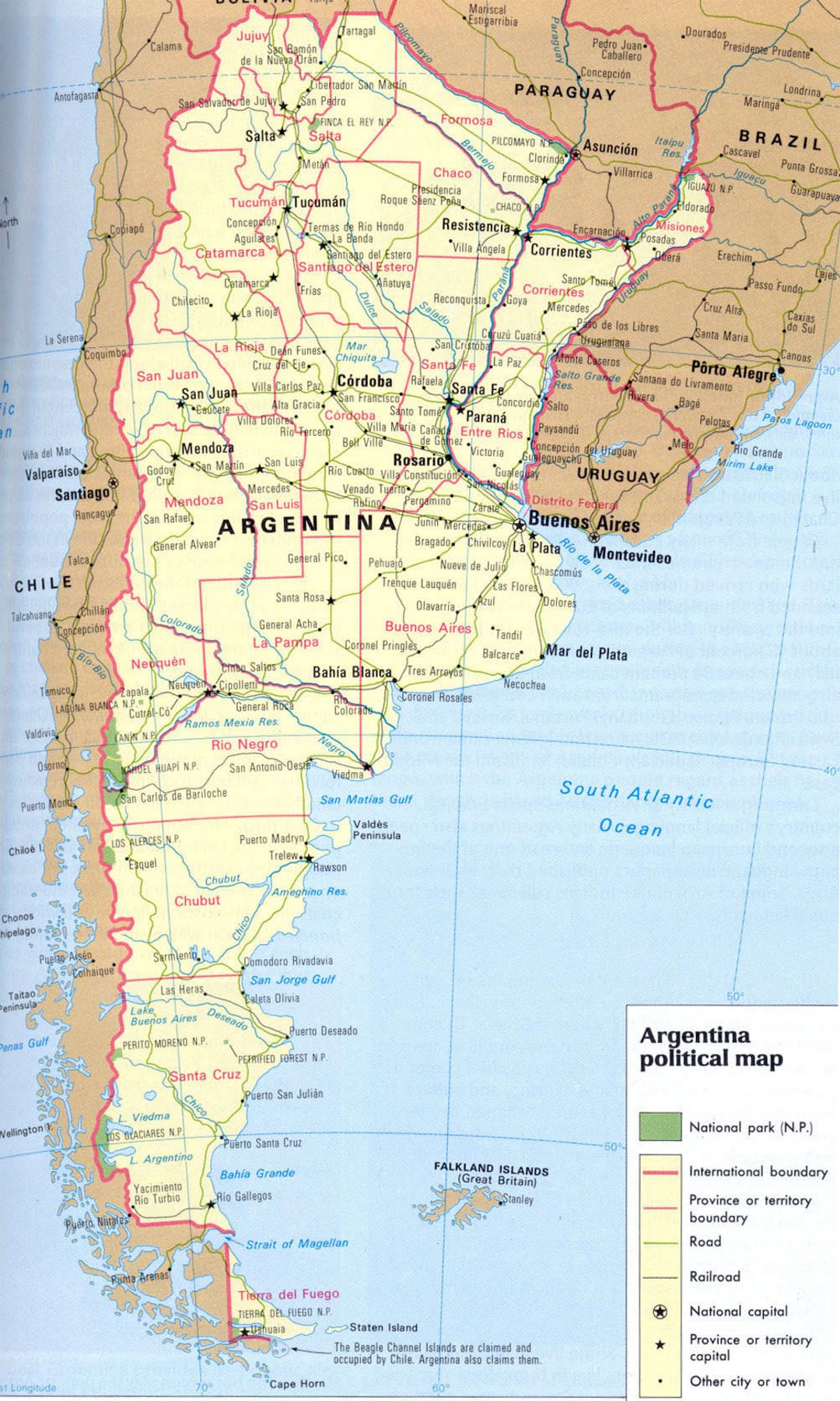 Большая политическая карта Аргентины с дорогами