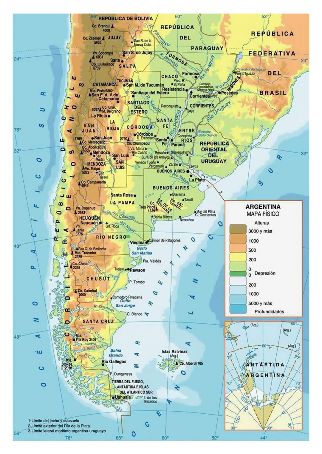 Физическая карта Аргентины с городами