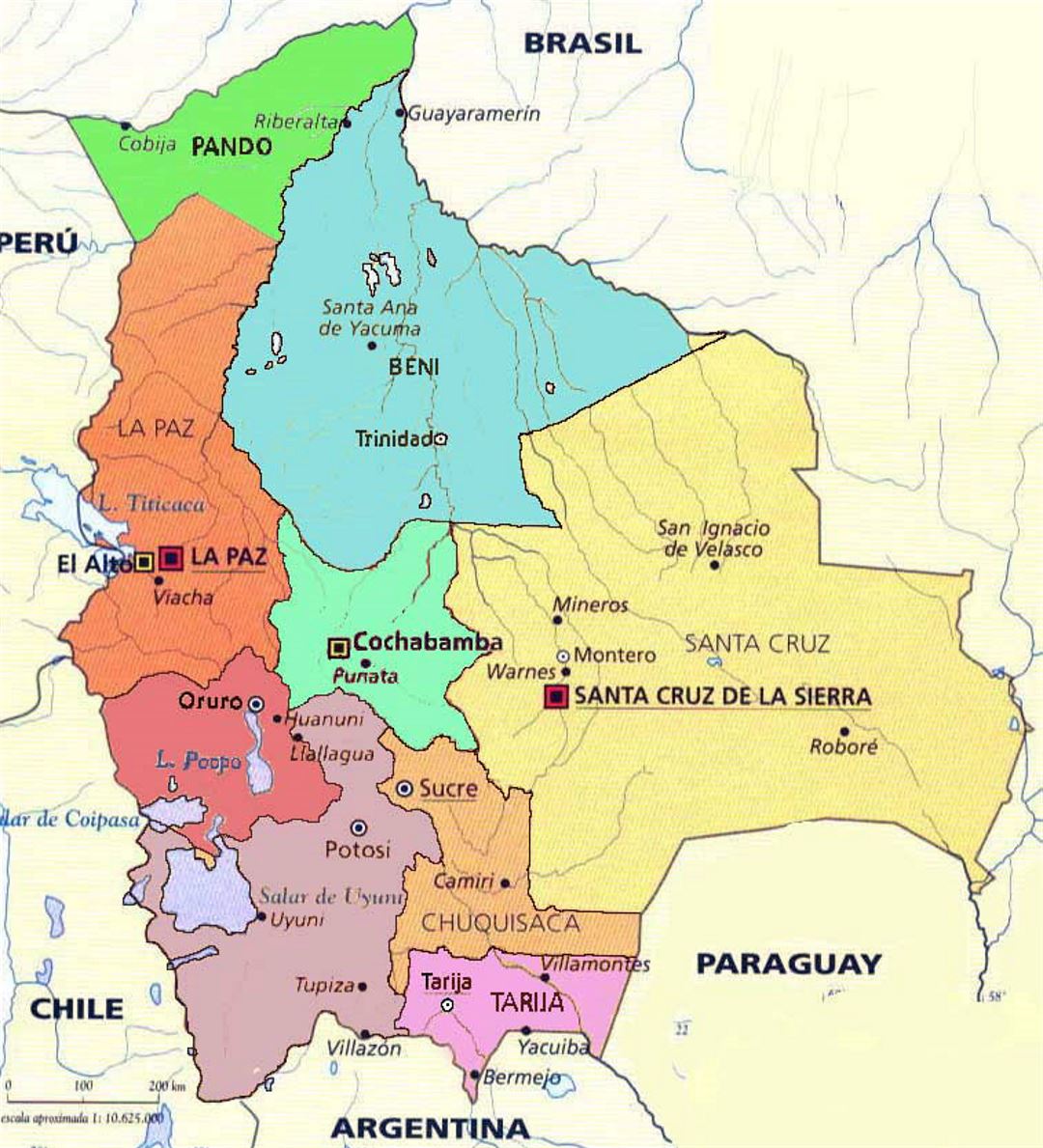 Административная карта Боливии с крупными городами