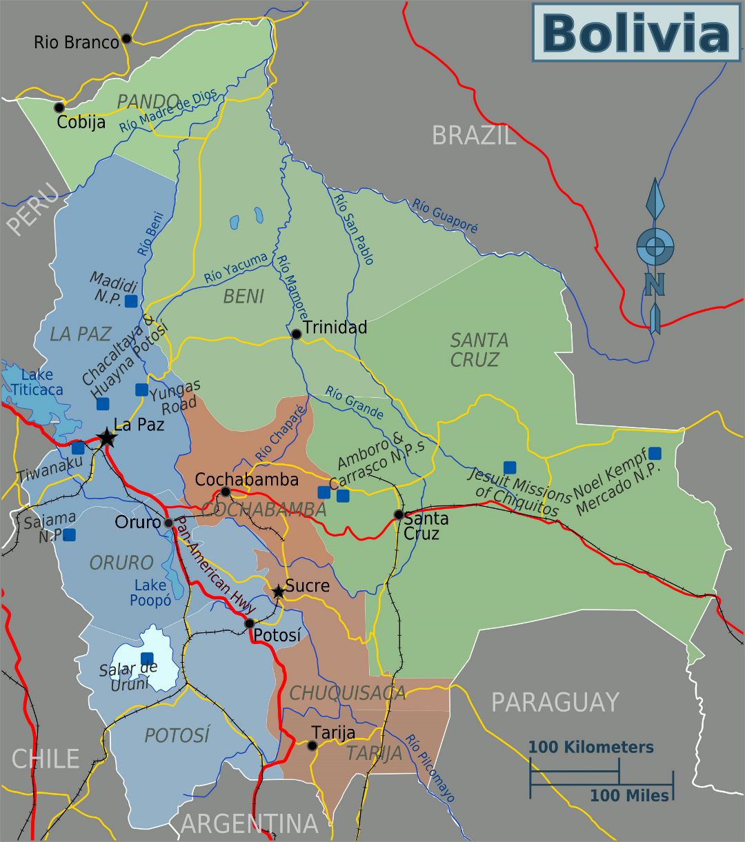 Подробная политическая и административная карта Боливии