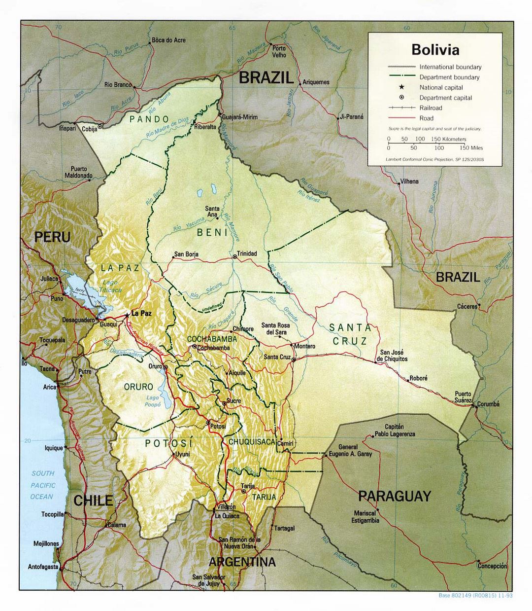 Детальная политическая и административная карта Боливии с рельефом, дорогами и крупными городами - 1993
