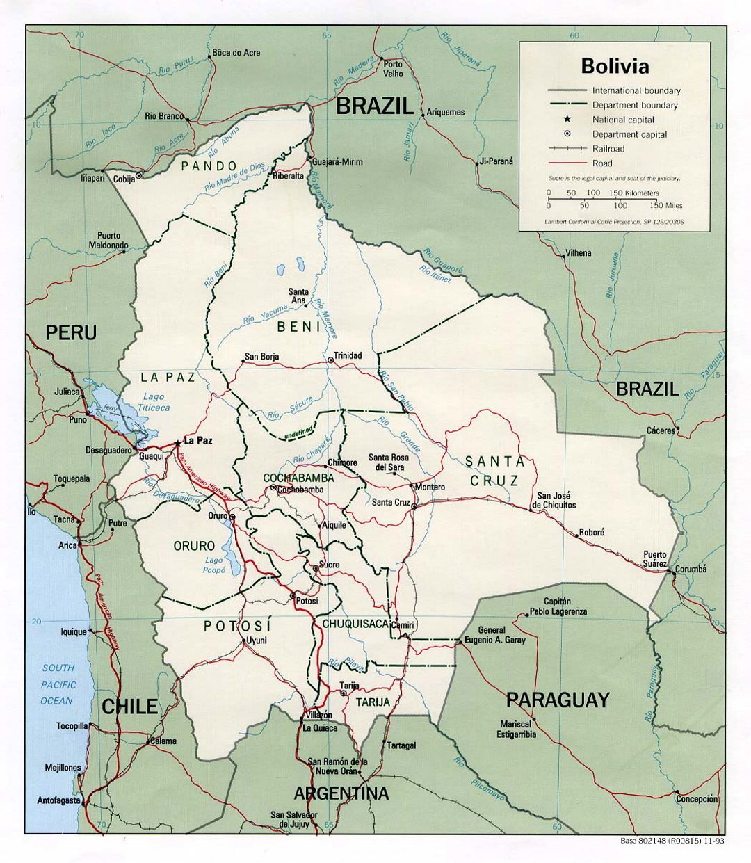 Детальная политическая и административная карта Боливии с дорогами и крупными городами - 1993