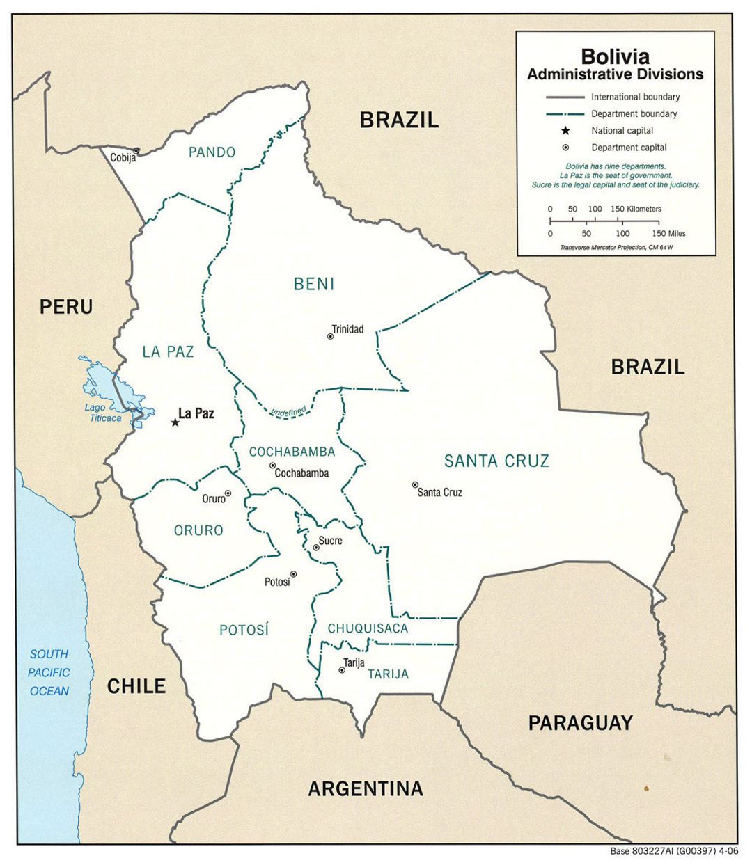 Большая карта административных делений Боливии с крупными городами - 2006