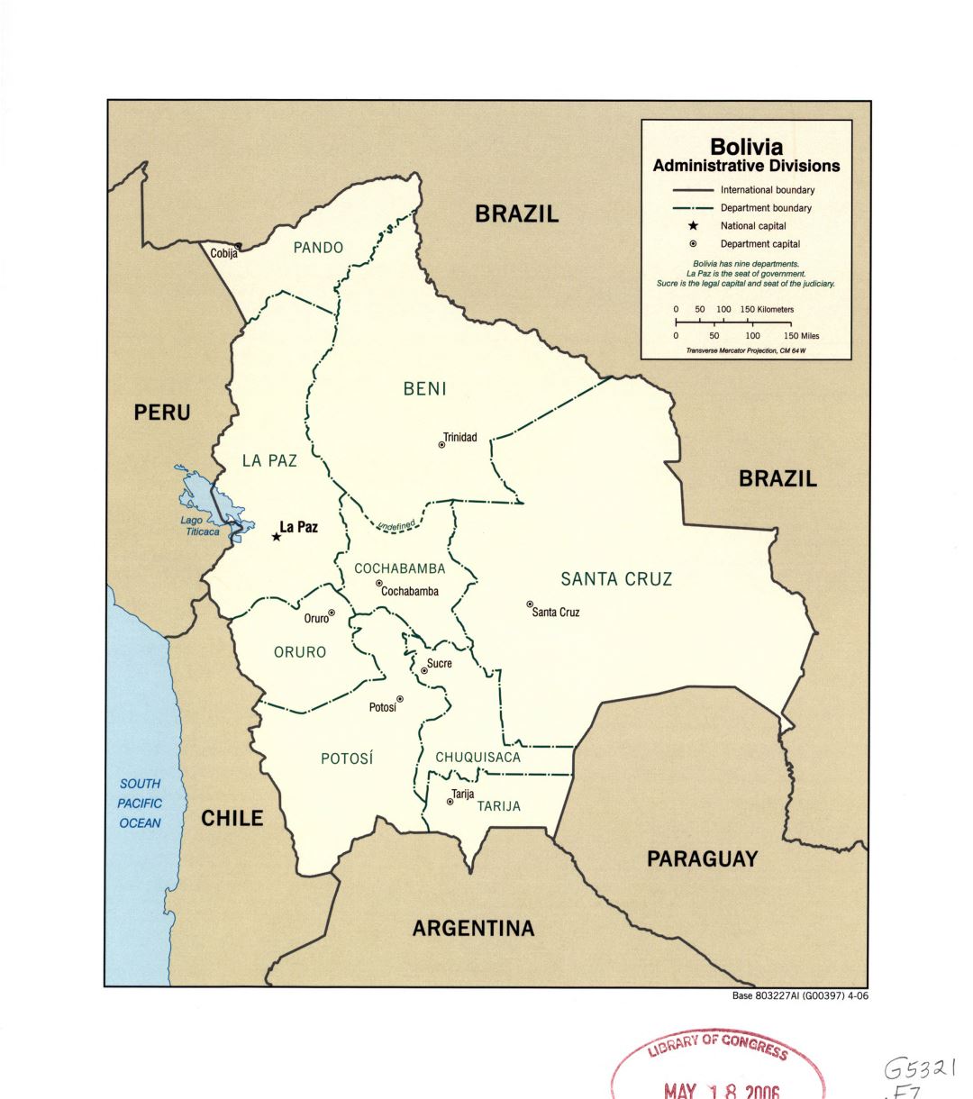 Большая детальная карта административных делений Боливии с крупными городами - 2006