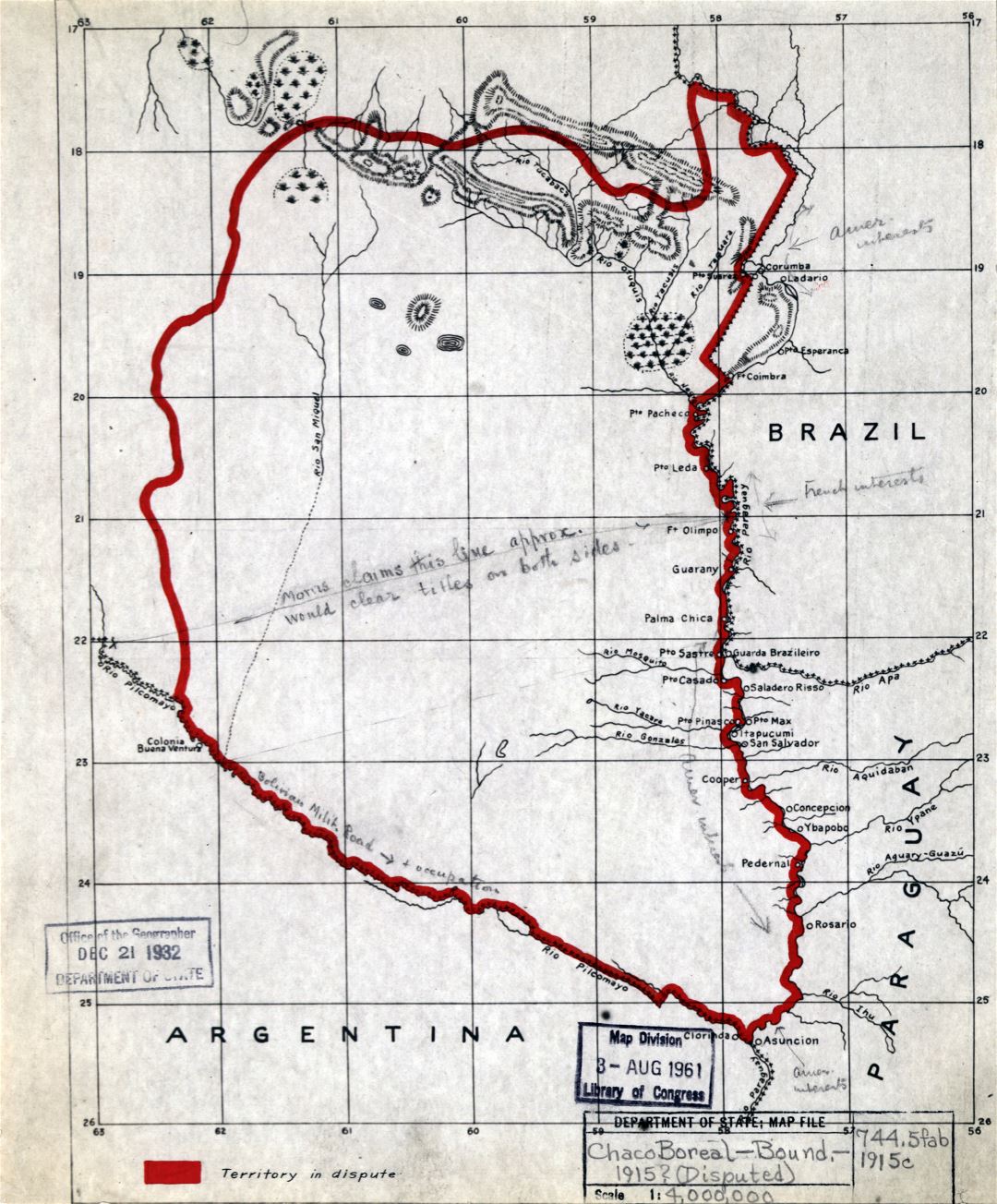 Большая подробная старая карта границ Бразилии и Боливии - 1915