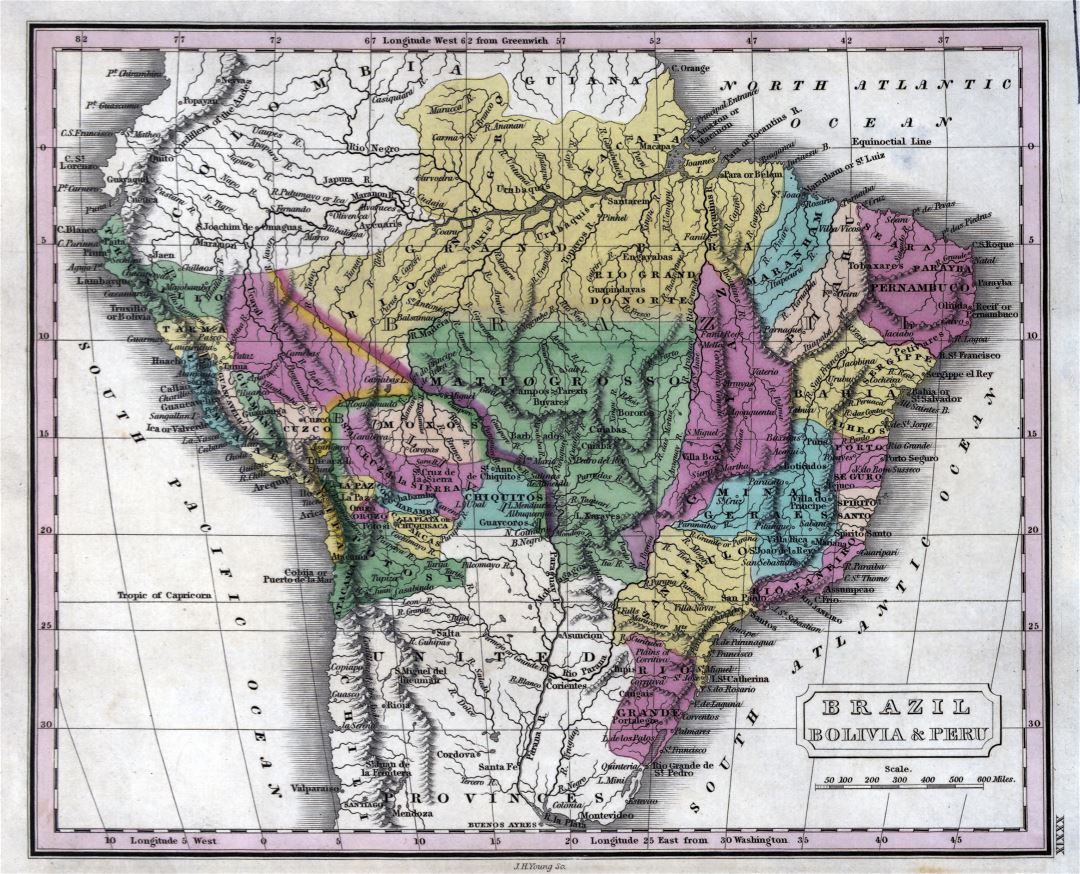 Большая детальная старая карта Бразилии, Боливии и Перу - 1829