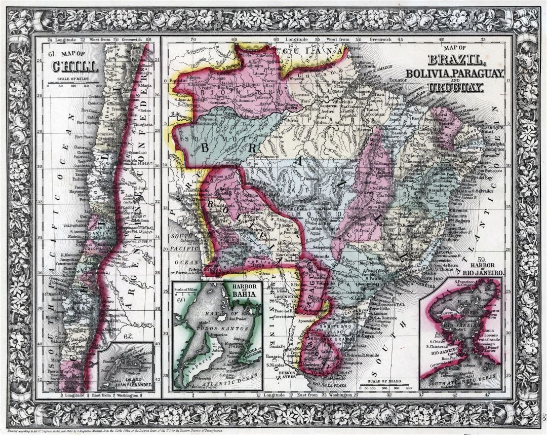 Большая подробная старая карта Бразилии, Боливии, Парагвая и Уругвая с картой Чили - 1871