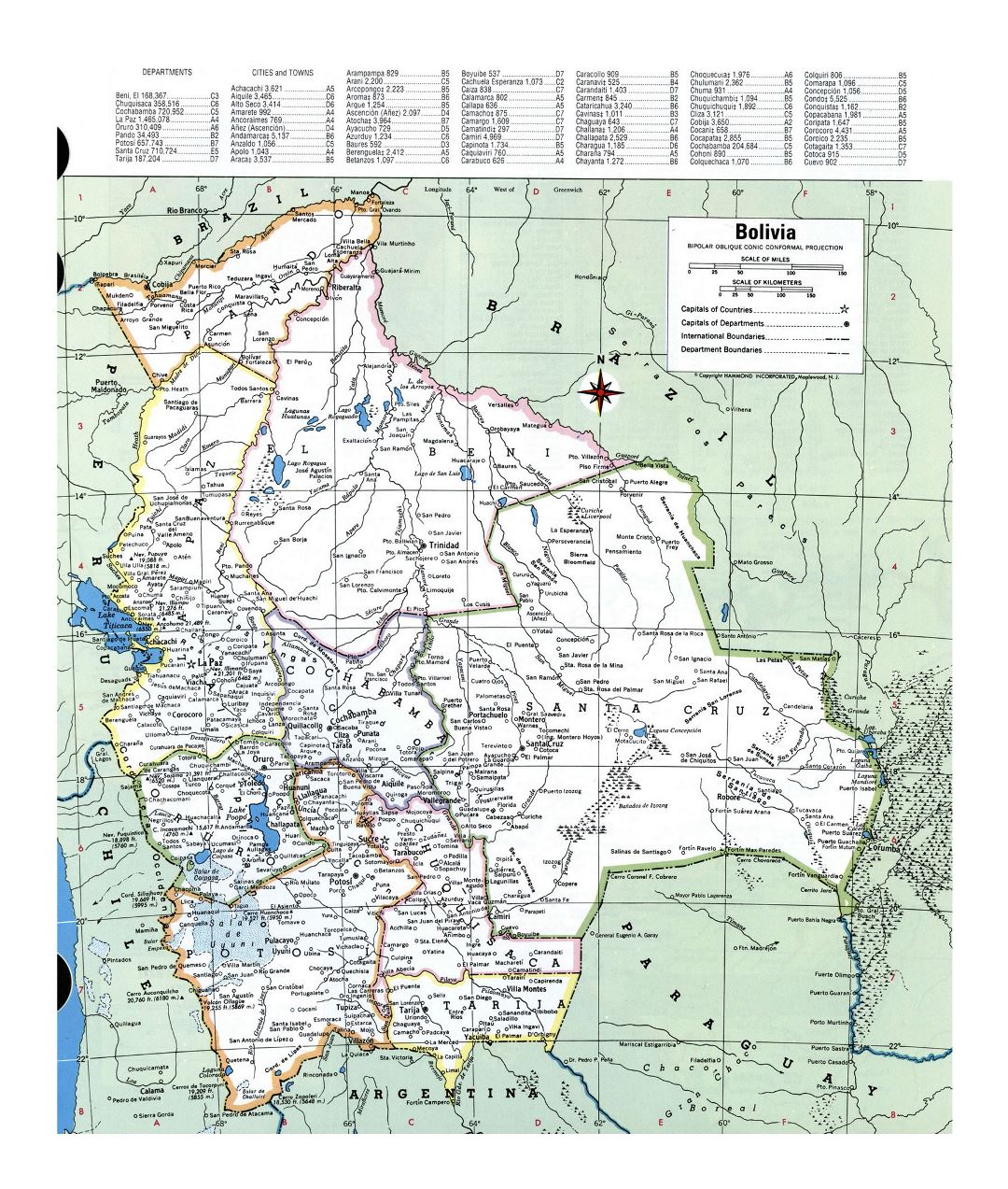 Большая детальная политическая и административная карта Боливии с городами