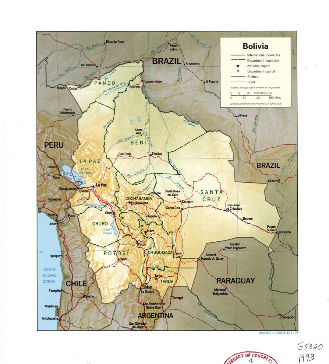 Большая подробная политическая и административная карта Боливии с рельефом, реками, дорогами, железными дорогами и крупными городами - 1993