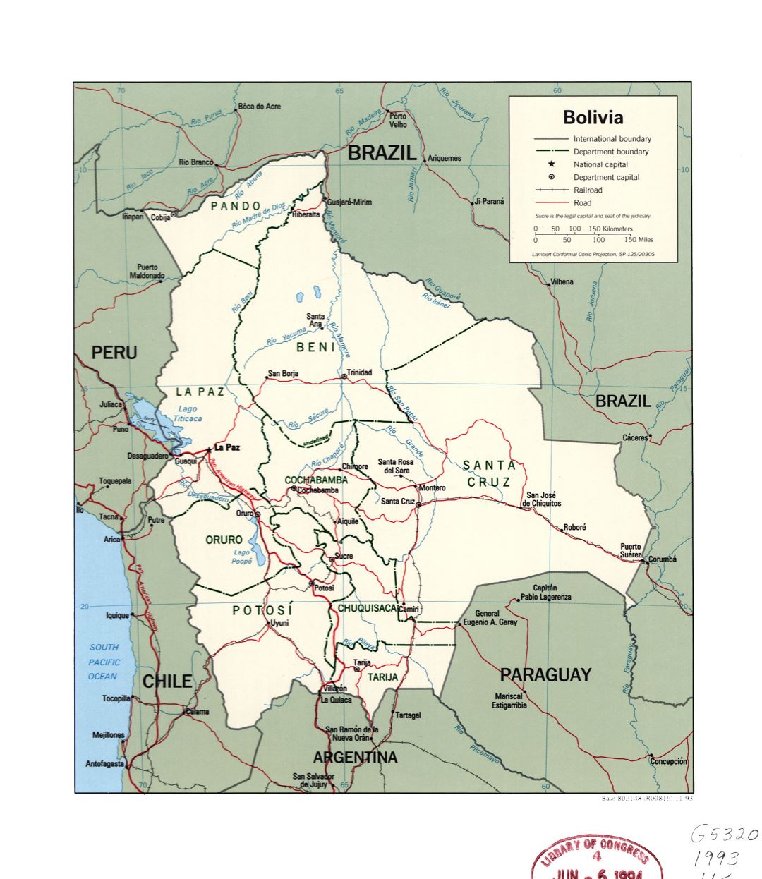 Большая детальная политическая и административная карта Боливии с реками, дорогами, железными дорогами и крупными городами - 1993