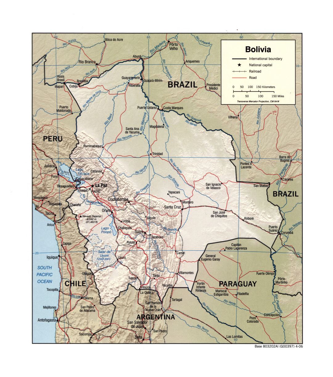 Большая детальная политическая карта Боливии с рельефом, реками, дорогами, железными дорогами и крупными городами - 2006
