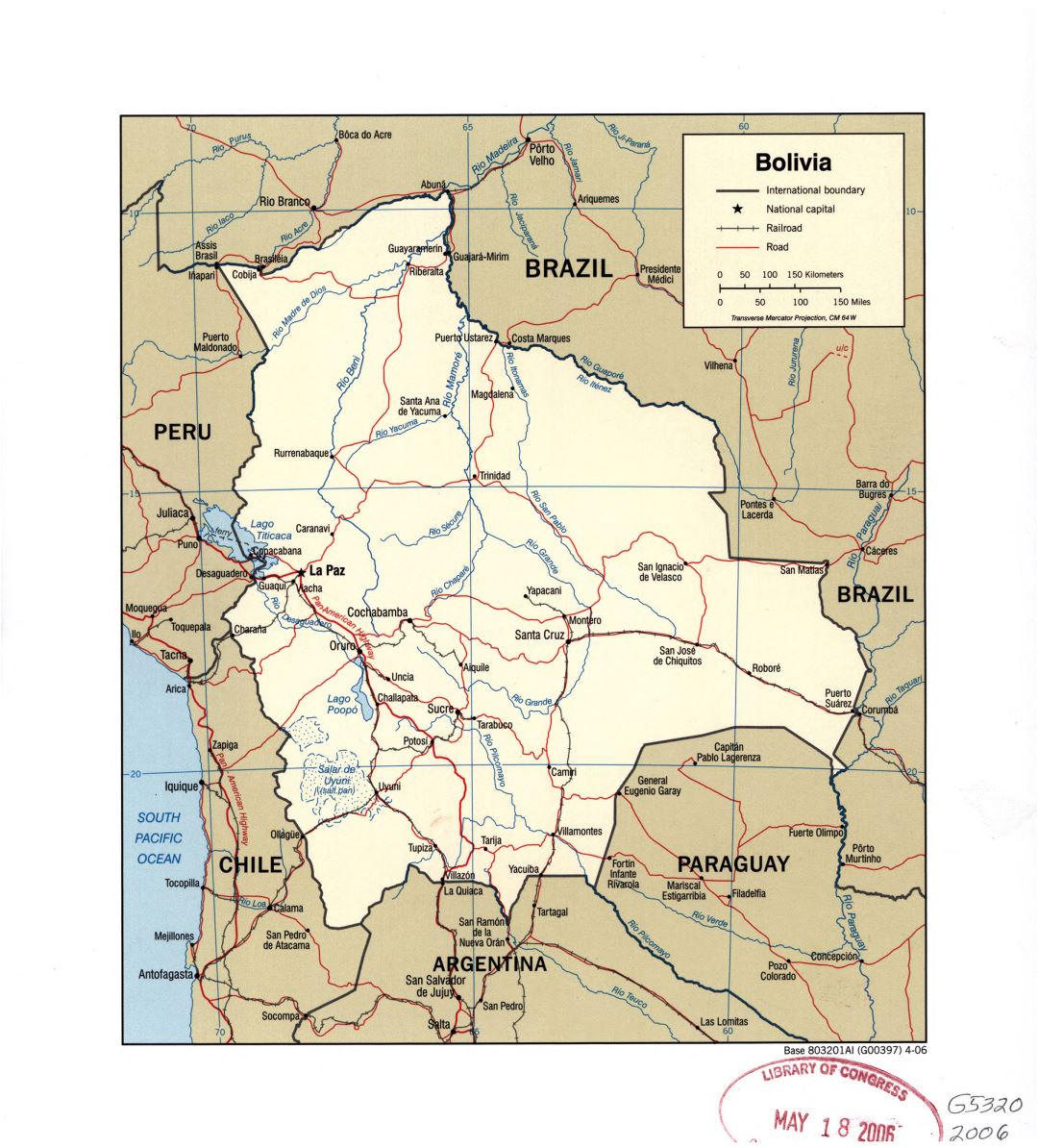 Большая детальная политическая карта Боливии с реками, дорогами, железными дорогами и крупными городами - 2006
