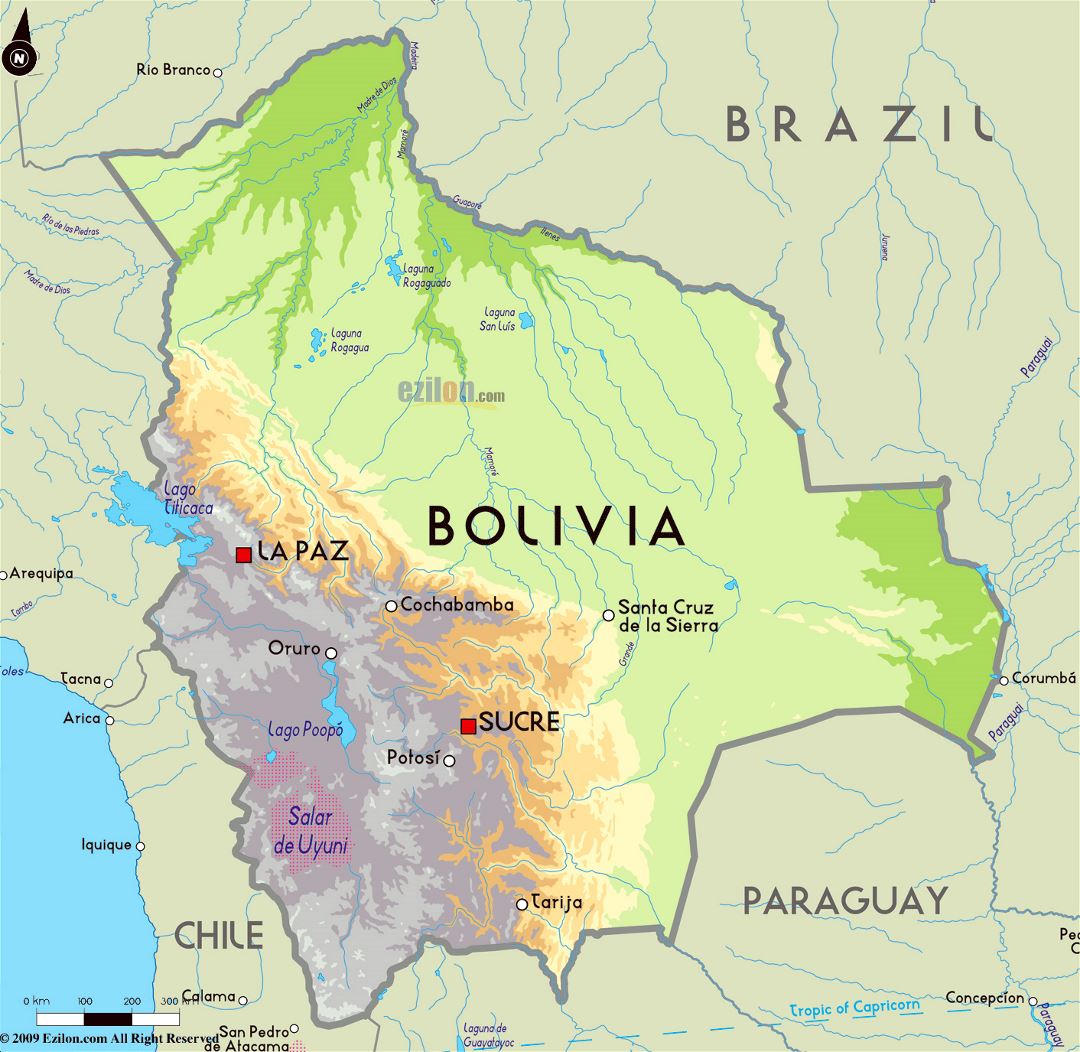 Большая физическая карта Боливии с крупными городами