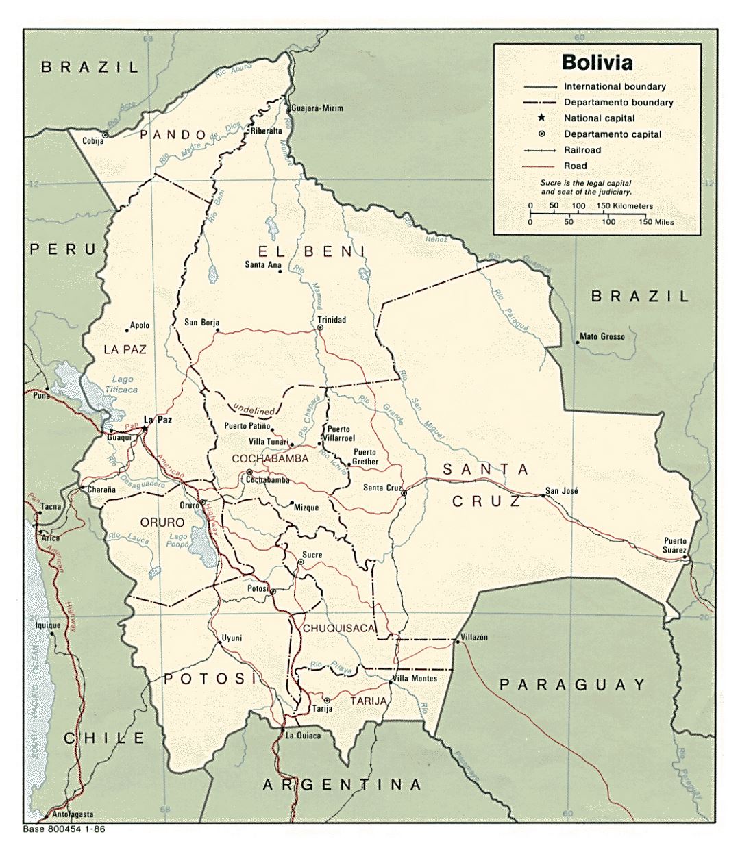 Большая политическая и административная карта Боливии с дорогами и крупными городами - 1986