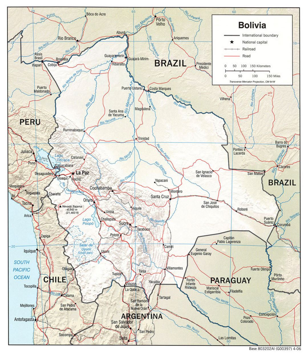 Большая политическая карта Боливии с рельефом, дорогами и крупными городами - 2006