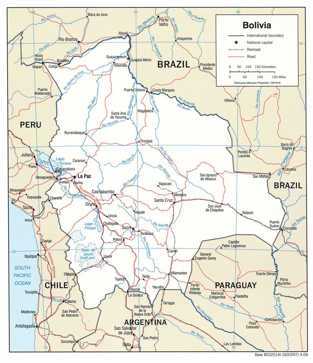 Большая политическая карта Боливии с дорогами и крупными городами - 2006