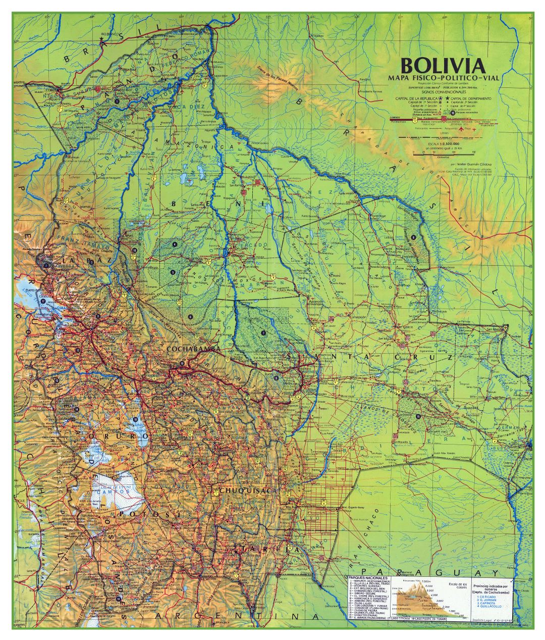 Крупномасштабная физическая и политическая карта Боливии с дорогами, городами, поселками, аэропортами и другими пометками