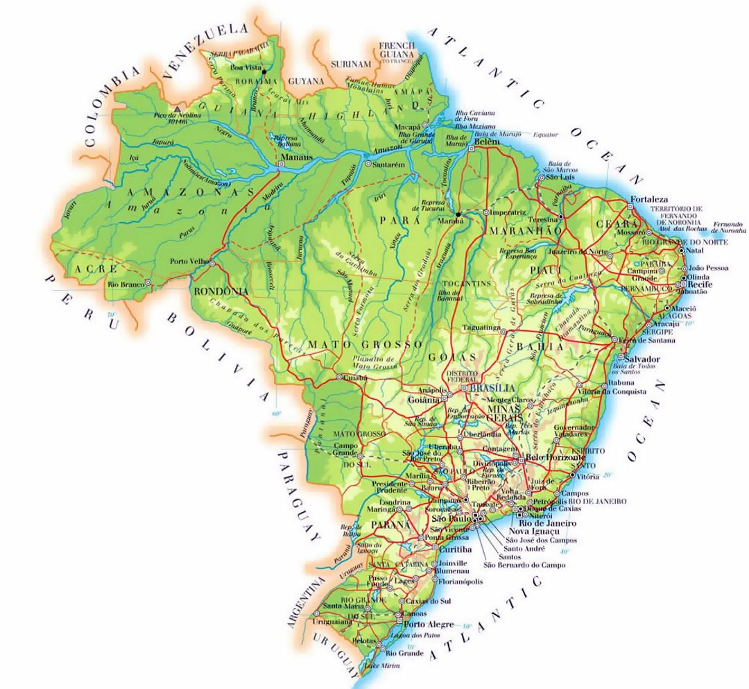 Подробная карта высот Бразилии с городами, дорогами и аэропортами