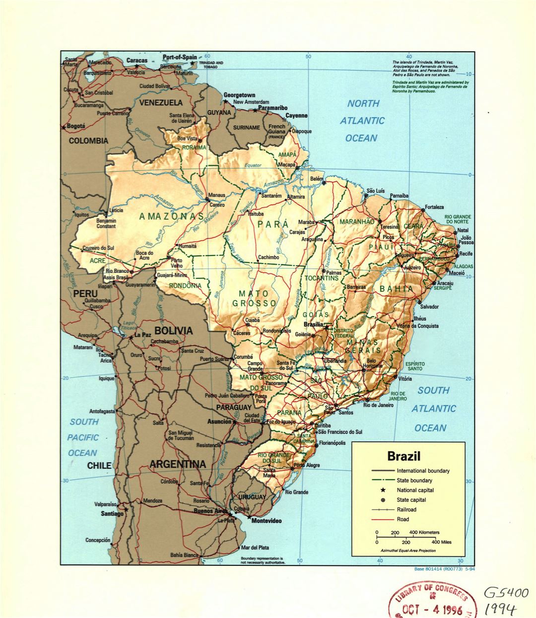 Большая подробная политическая и административная карта Бразилии с рельефом, реками, дорогами, железными дорогами и крупными городами - 1994
