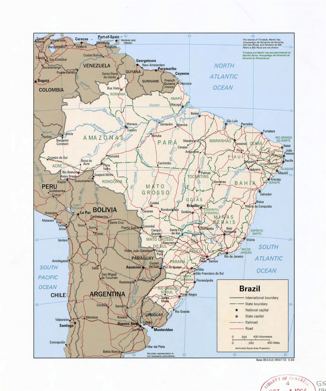 Большая детальная политическая и административная карта Бразилии с реками, дорогами, железными дорогами и крупными городами - 1994