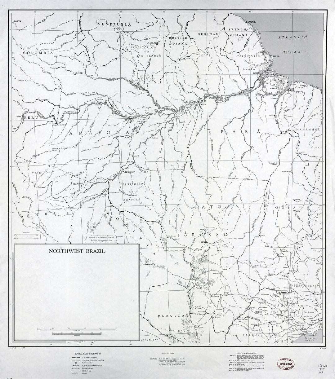 Большая детальная карта северо-западной Бразилии с другими пометками - 1954