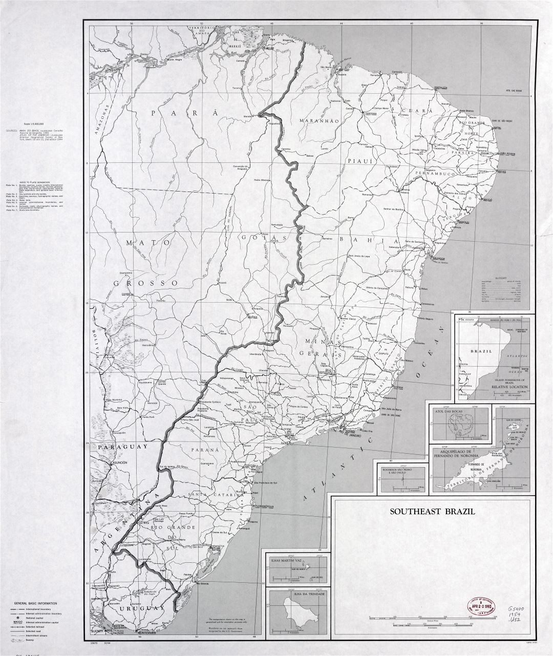 Большая подробная карта юго-восточной Бразилии с другими пометками - 1954