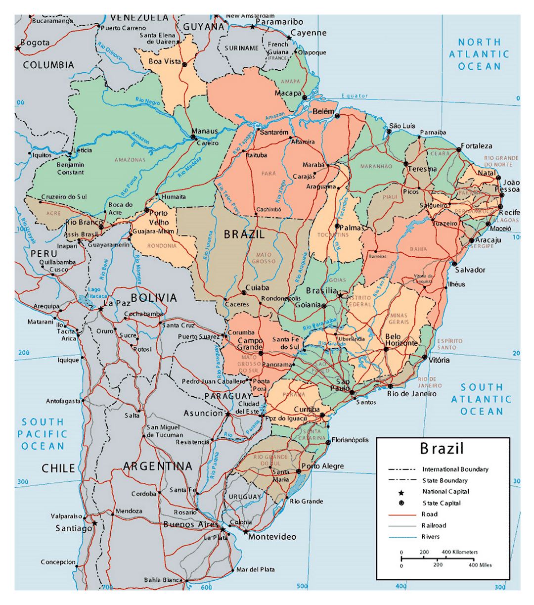 Большая детальная политическая и административная карта Бразилии
