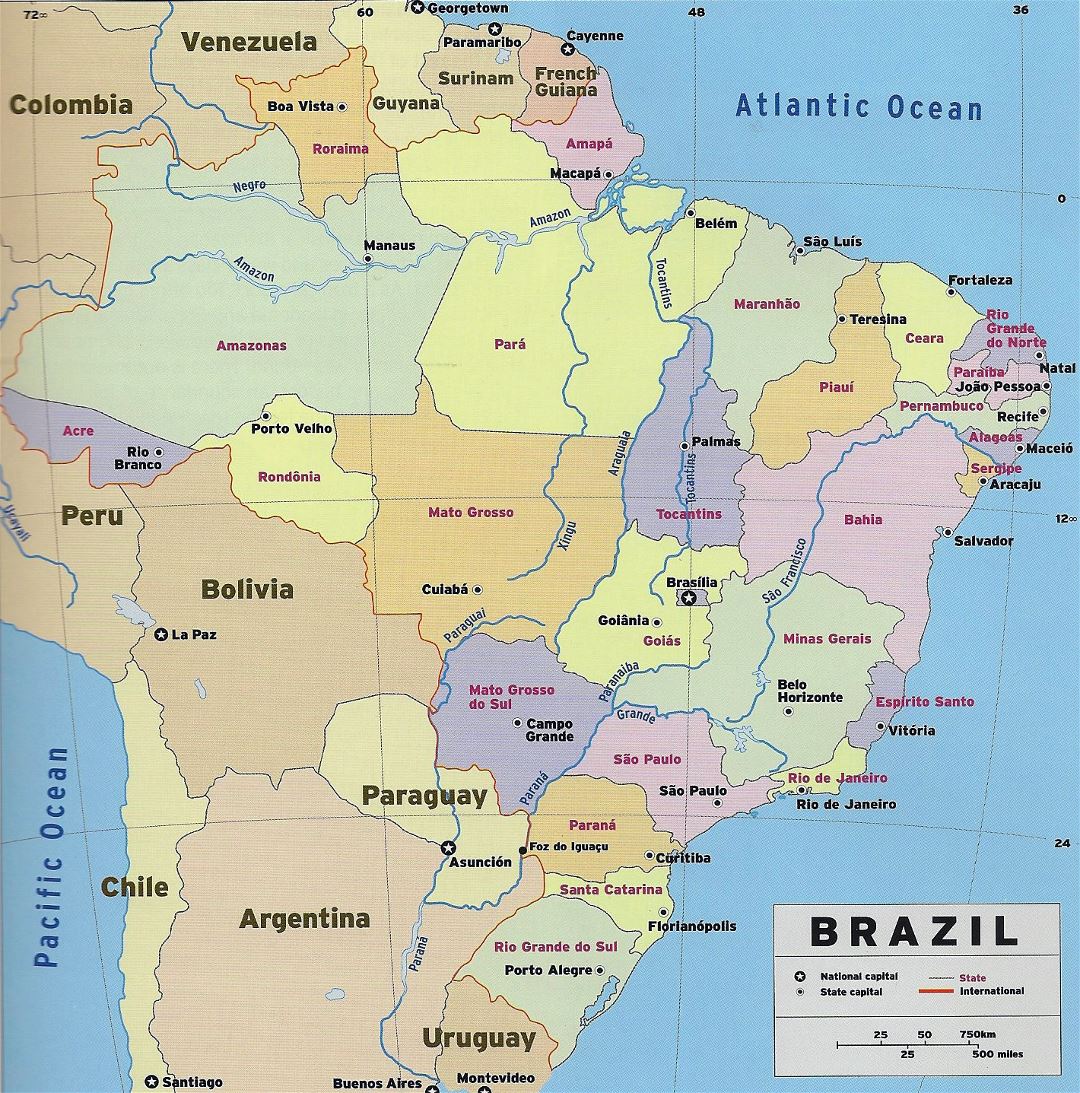 Большая детальная политическая и административная карта Бразилии с столицей и столицами штатов
