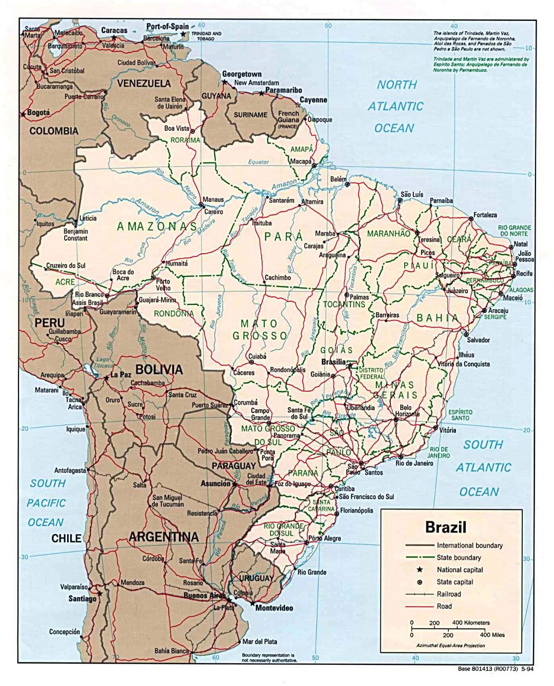 Большая детальная политическая и административная карта Бразилии с дорогами и крупными городами - 1994