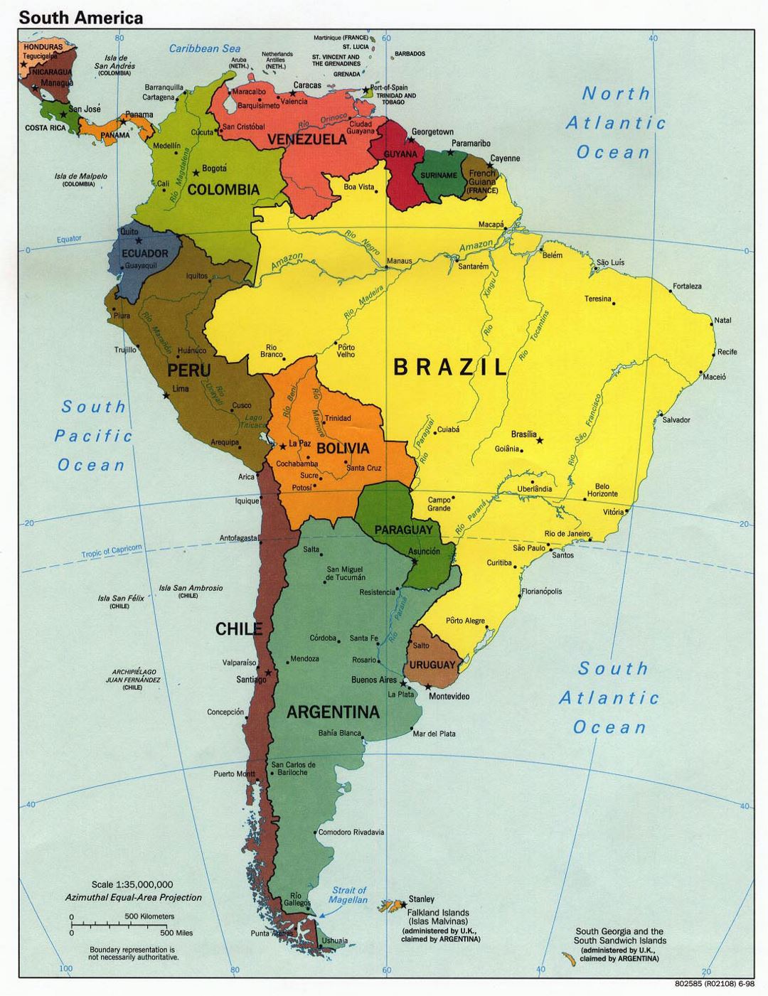 Большая детальная политическая карта Южной Америки - 1998